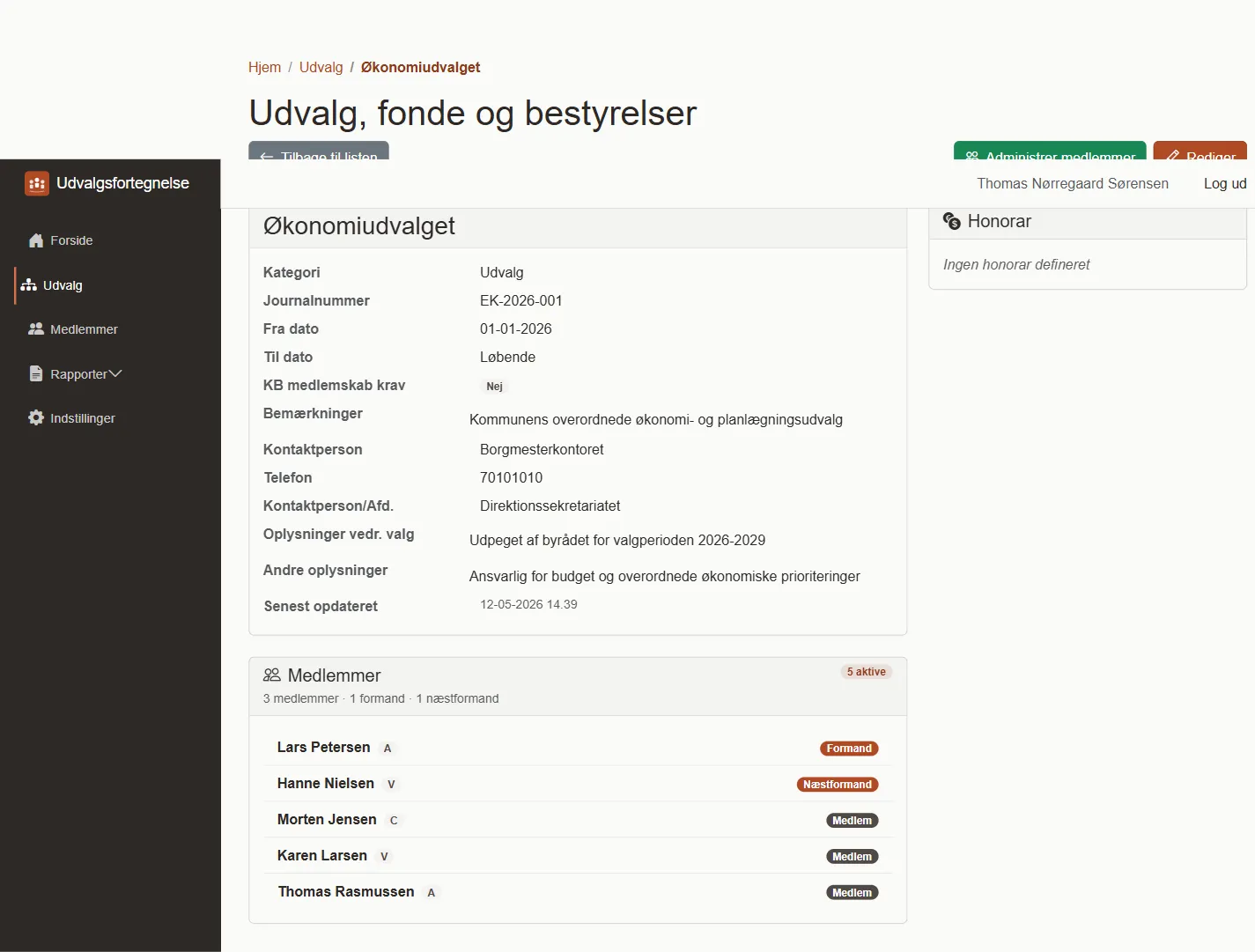 Udvalgsdetalje — Økonomiudvalget med medlemmer og honorar