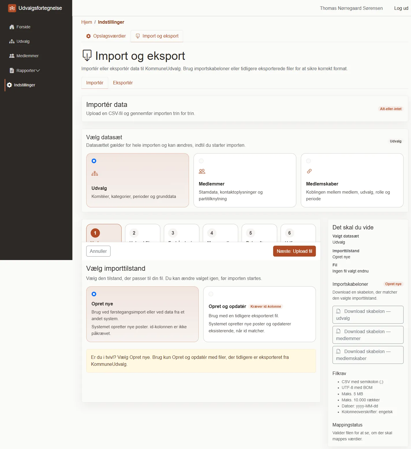 Importguiden — upload-trin med valg af entitetstype