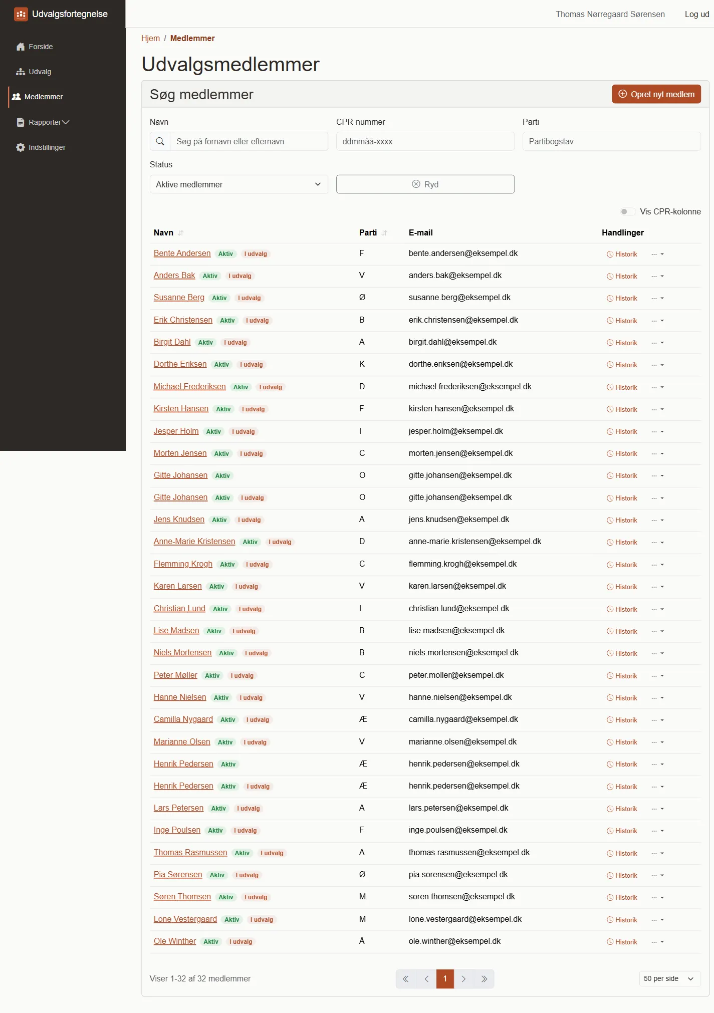 Medlemsliste med 30 medlemmer, partikoder og badges