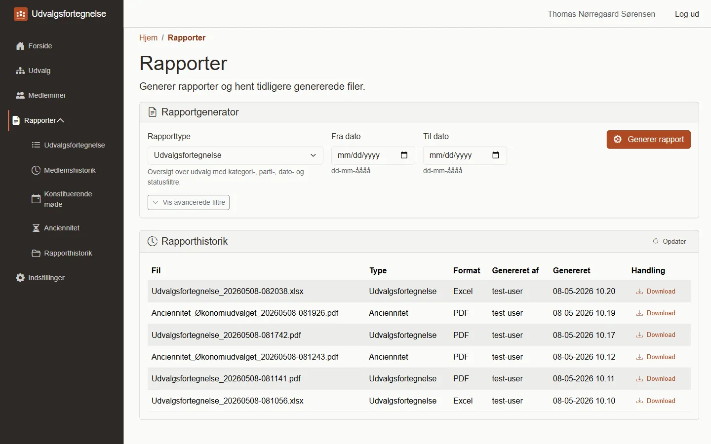 Rapportgenerator med valgt type og periode