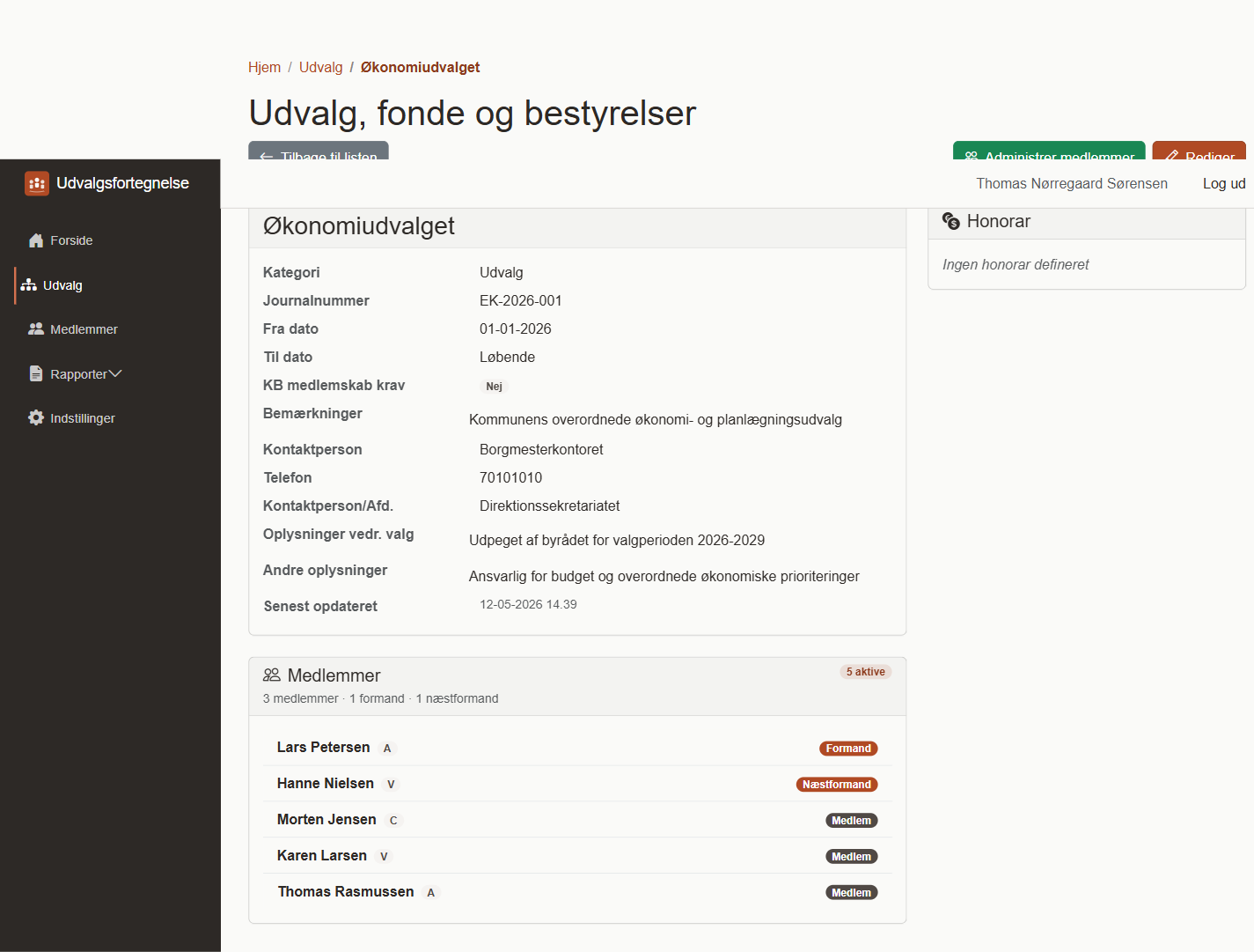 Udvalgsdetalje — Økonomiudvalget med medlemmer og honorar