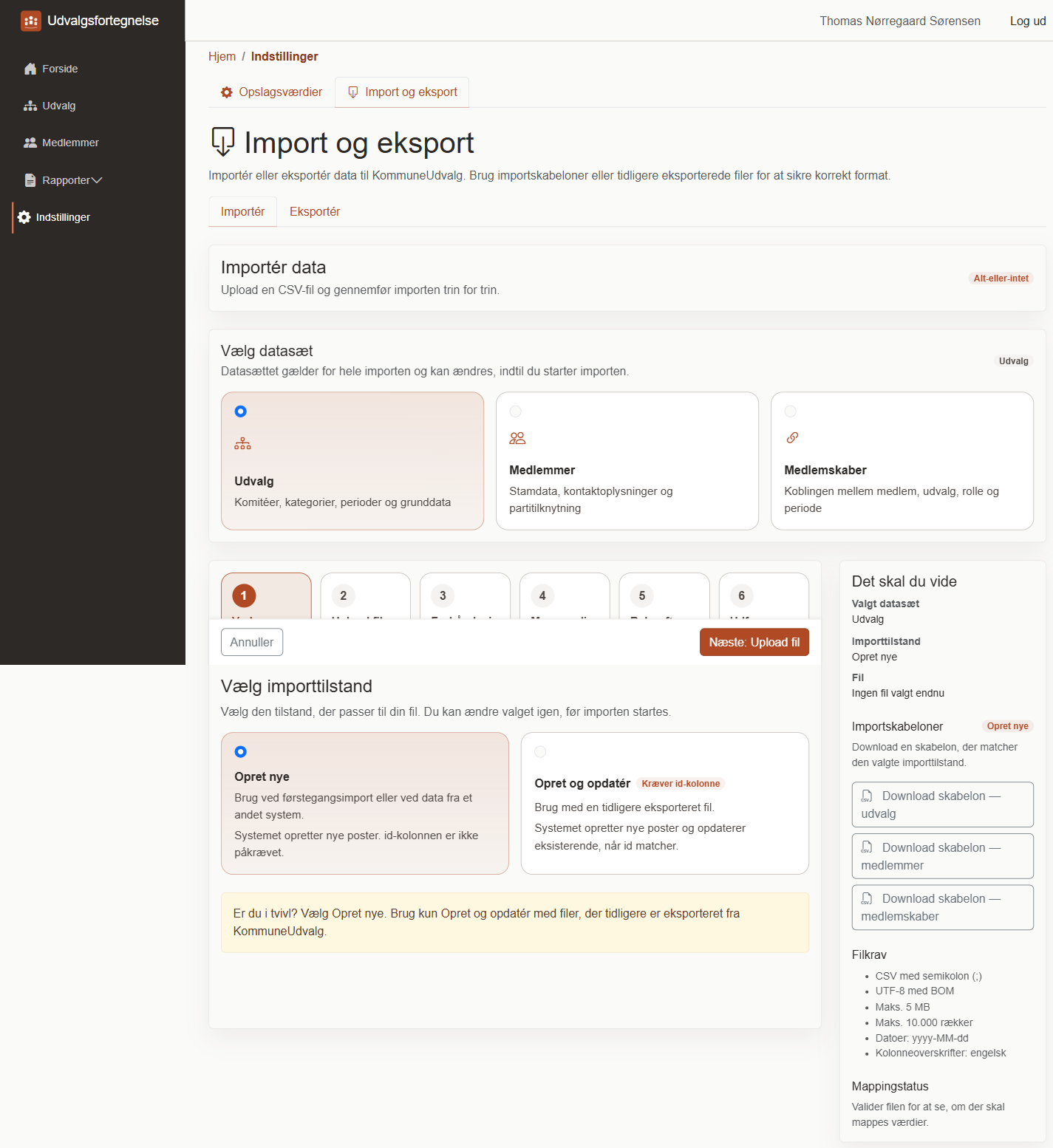Importguiden — upload-trin med valg af entitetstype