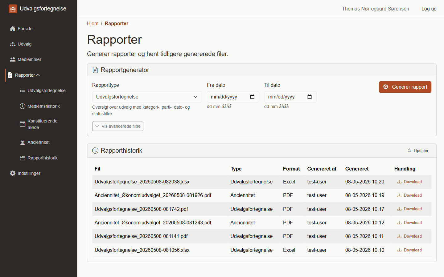 Rapportgenerator med valgt type og periode